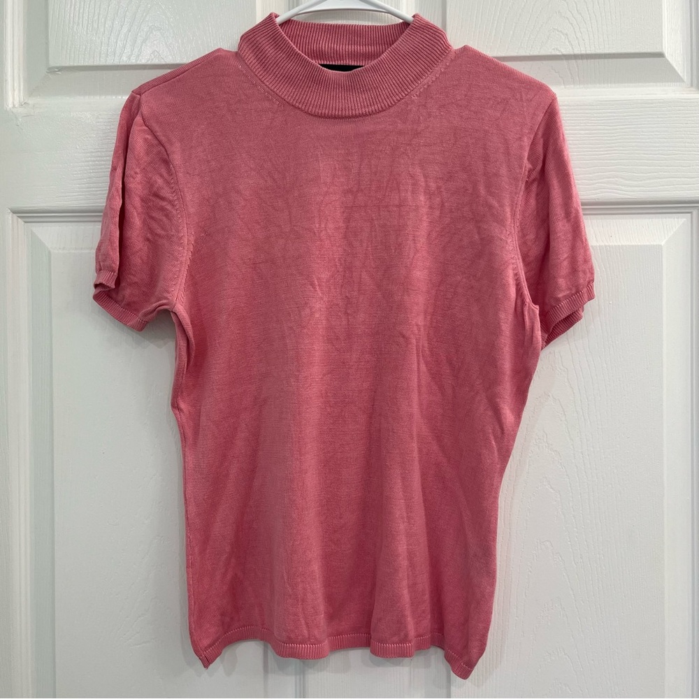 August Silk Pink Short Sleeve Mock Neck Silk Women's Knit Sweater Blouse Top